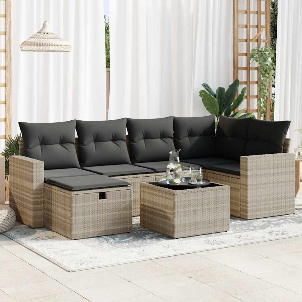 Set Divani da Giardino 7pz con Cuscini Grigio Chiaro Polyrattan