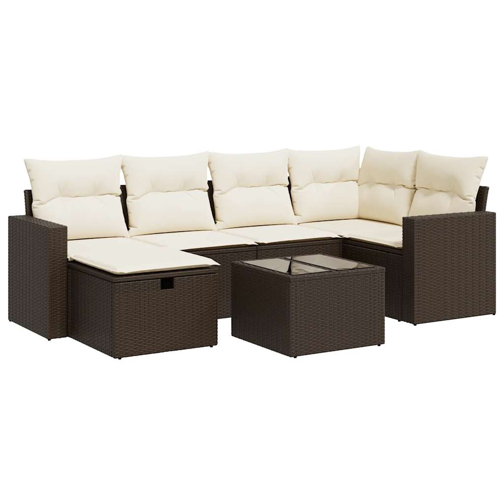 Set Divani da Giardino 7 pz con Cuscini Marrone in Polyrattan