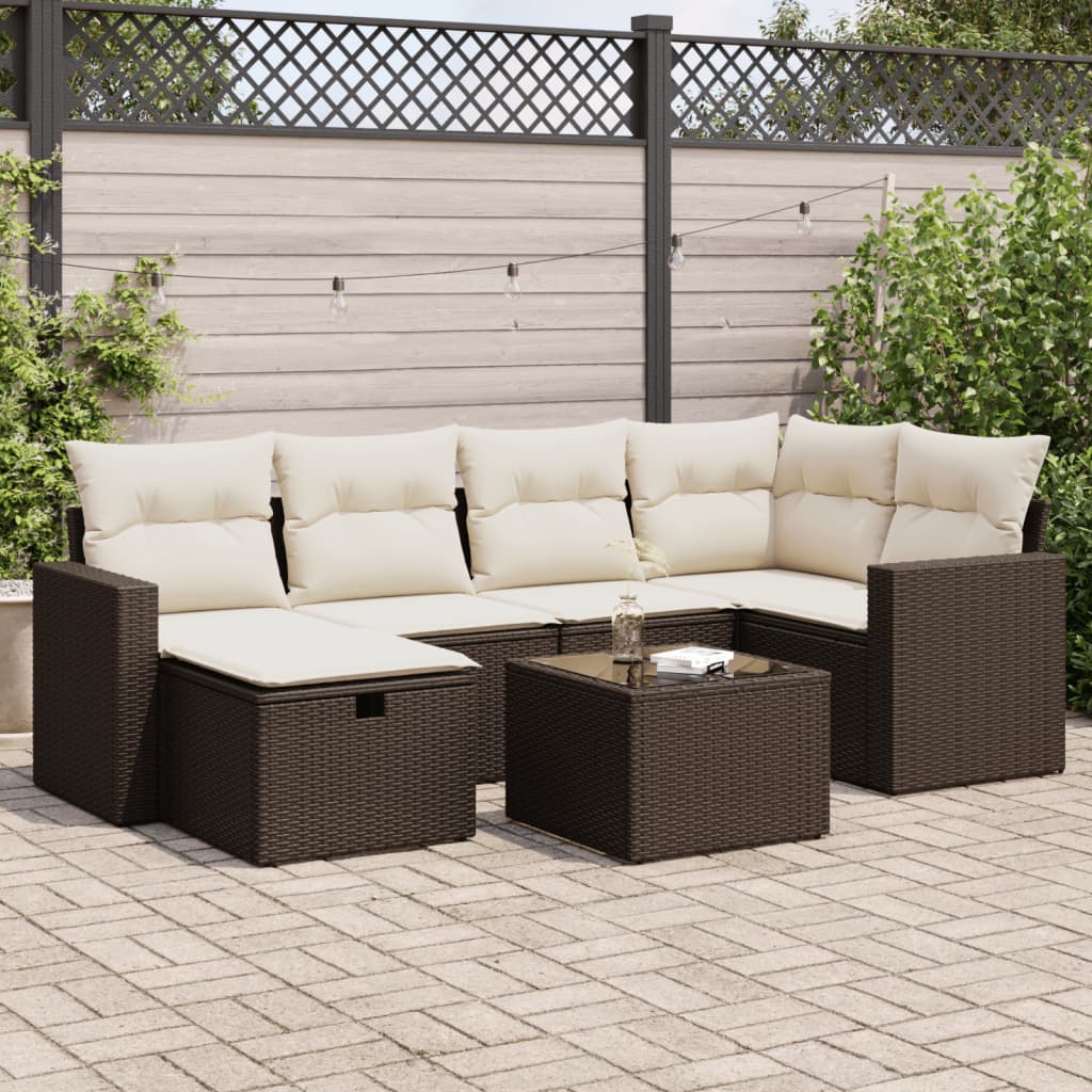 Set Divani da Giardino 7 pz con Cuscini Marrone in Polyrattan