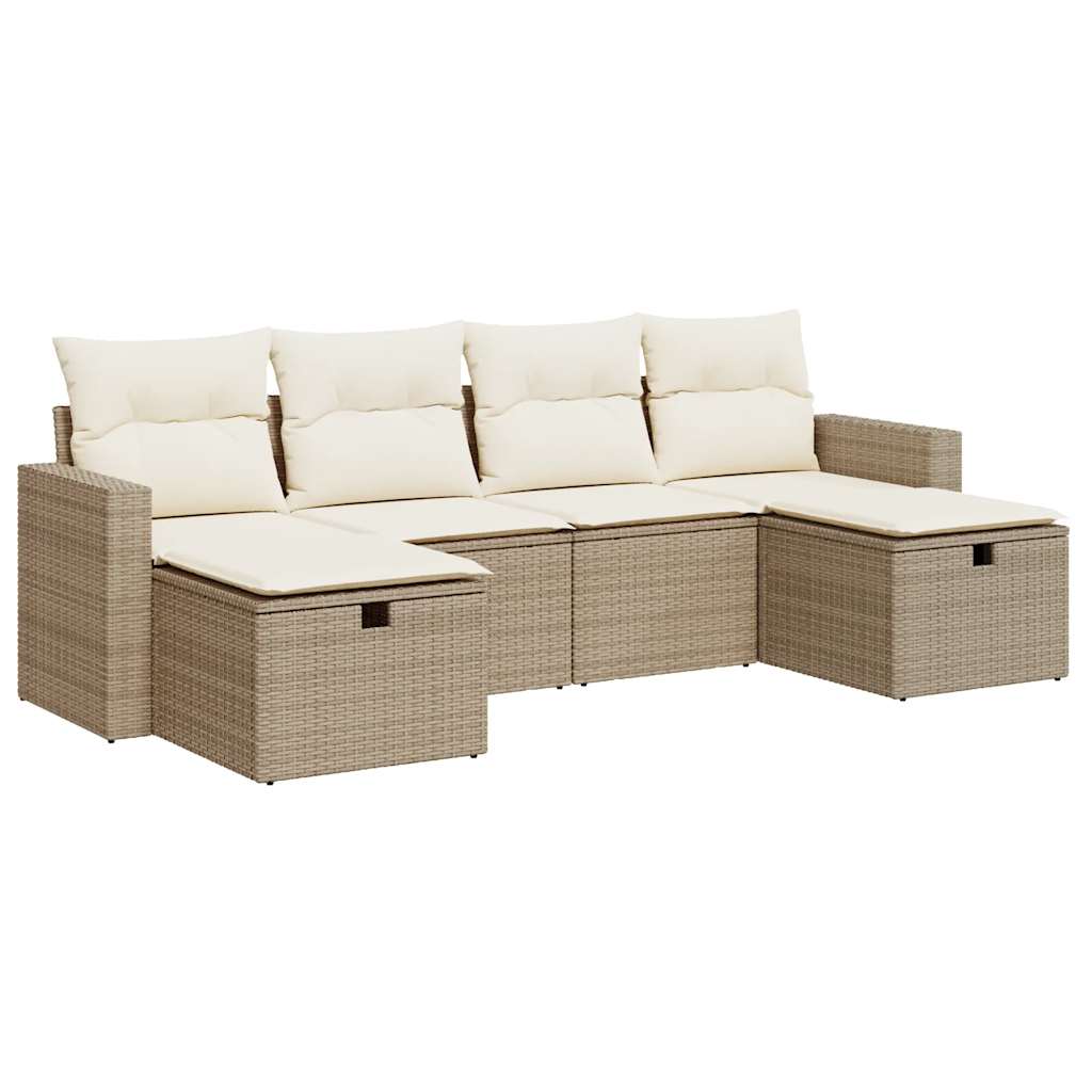 Set Divano da Giardino 6 pz con Cuscini Beige in Polyrattan