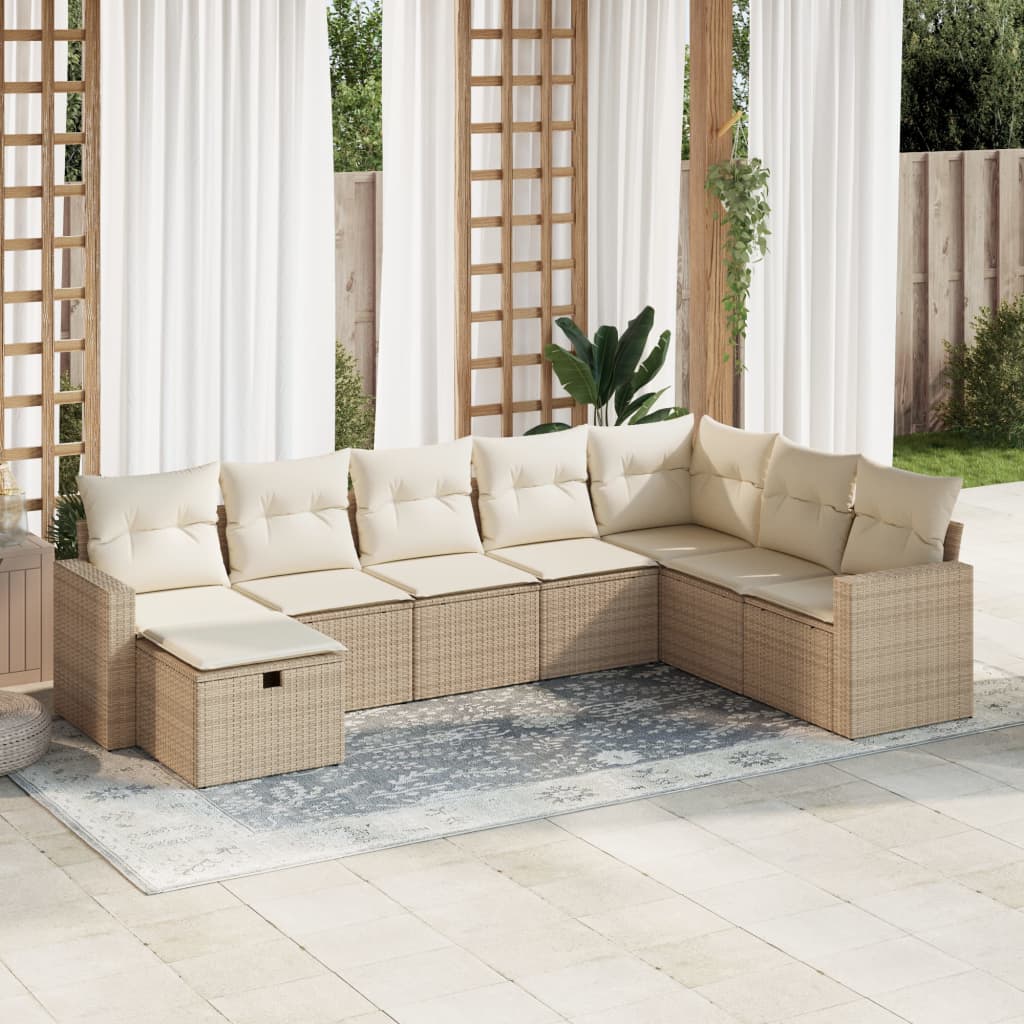 Set Divano da Giardino 8 pz con Cuscini Beige in Polyrattan