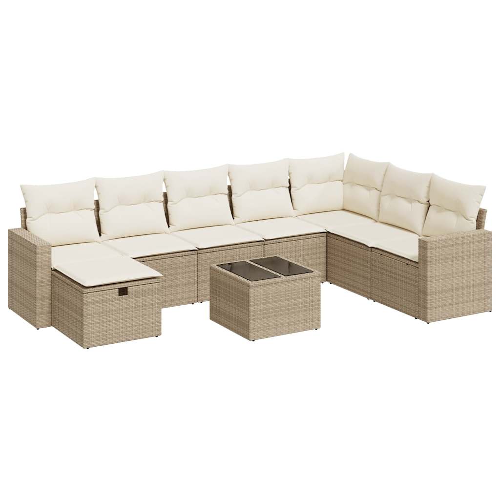 Set Divano da Giardino 9 pz con Cuscini Beige in Polyrattan