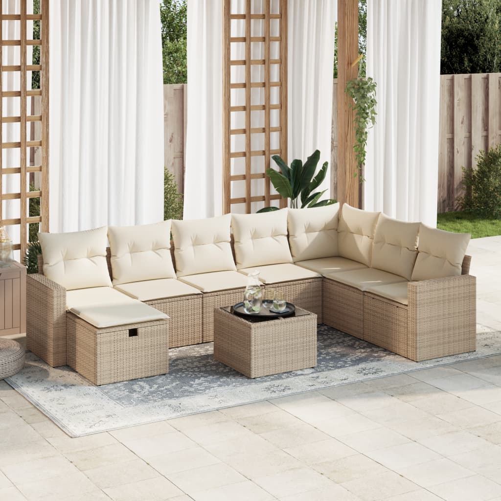 Set Divano da Giardino 9 pz con Cuscini Beige in Polyrattan