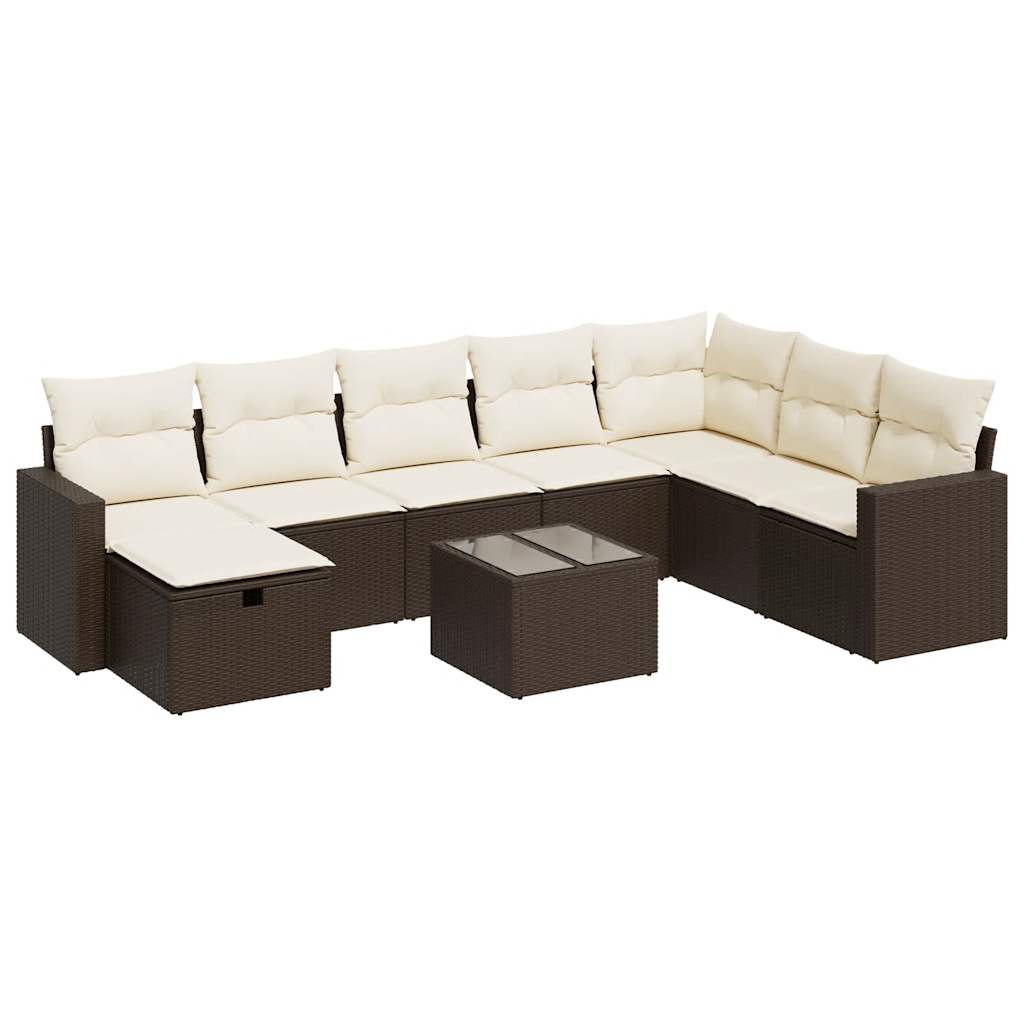 Set Divani da Giardino 9pz con Cuscini Marrone in Polyrattan