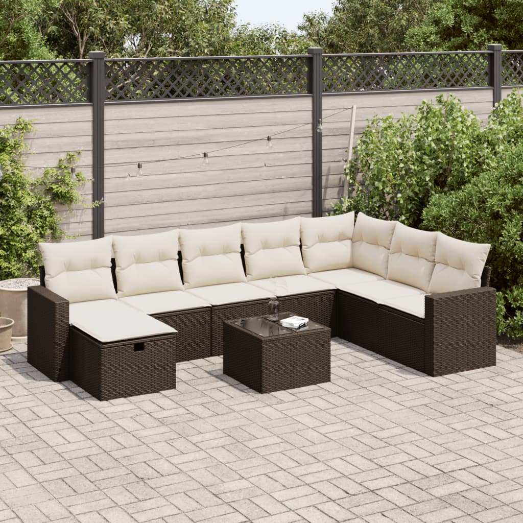 Set Divani da Giardino 9pz con Cuscini Marrone in Polyrattan