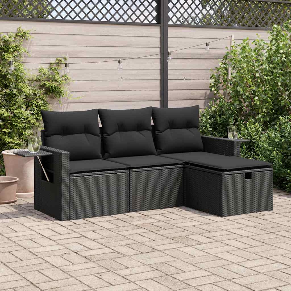 Set Divani da Giardino 4 pz con Cuscini Nero in Polyrattan