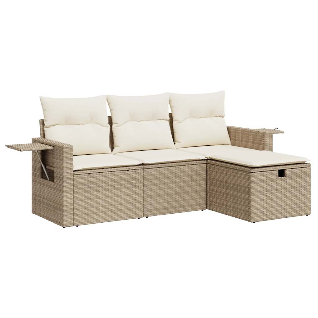 Set Divano da Giardino 4 pz con Cuscini Beige in Polyrattan