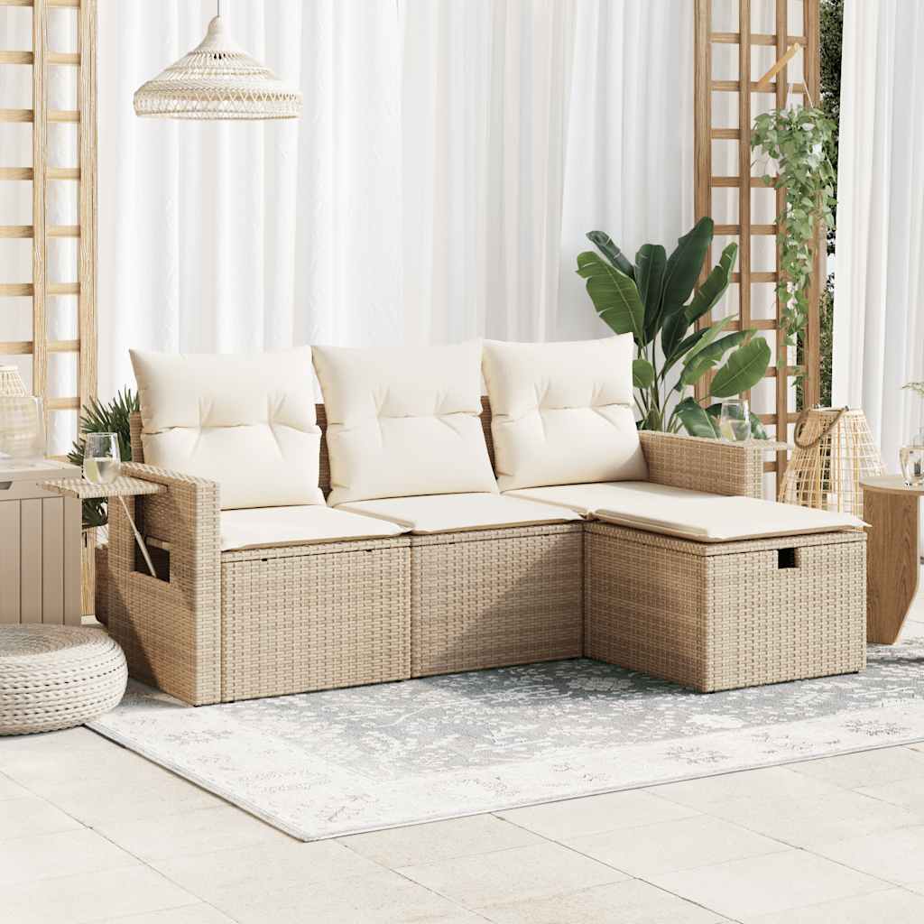 Set Divano da Giardino 4 pz con Cuscini Beige in Polyrattan