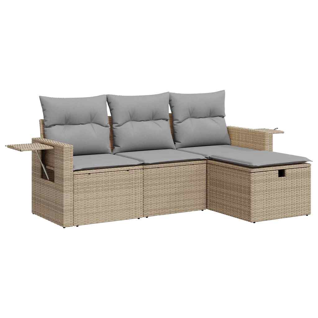 Set Divano da Giardino 4 pz con Cuscini Beige in Polyrattan