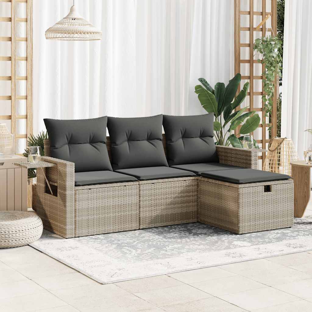 Set Divano da Giardino 4pz con Cuscini Grigio Chiaro Polyrattan