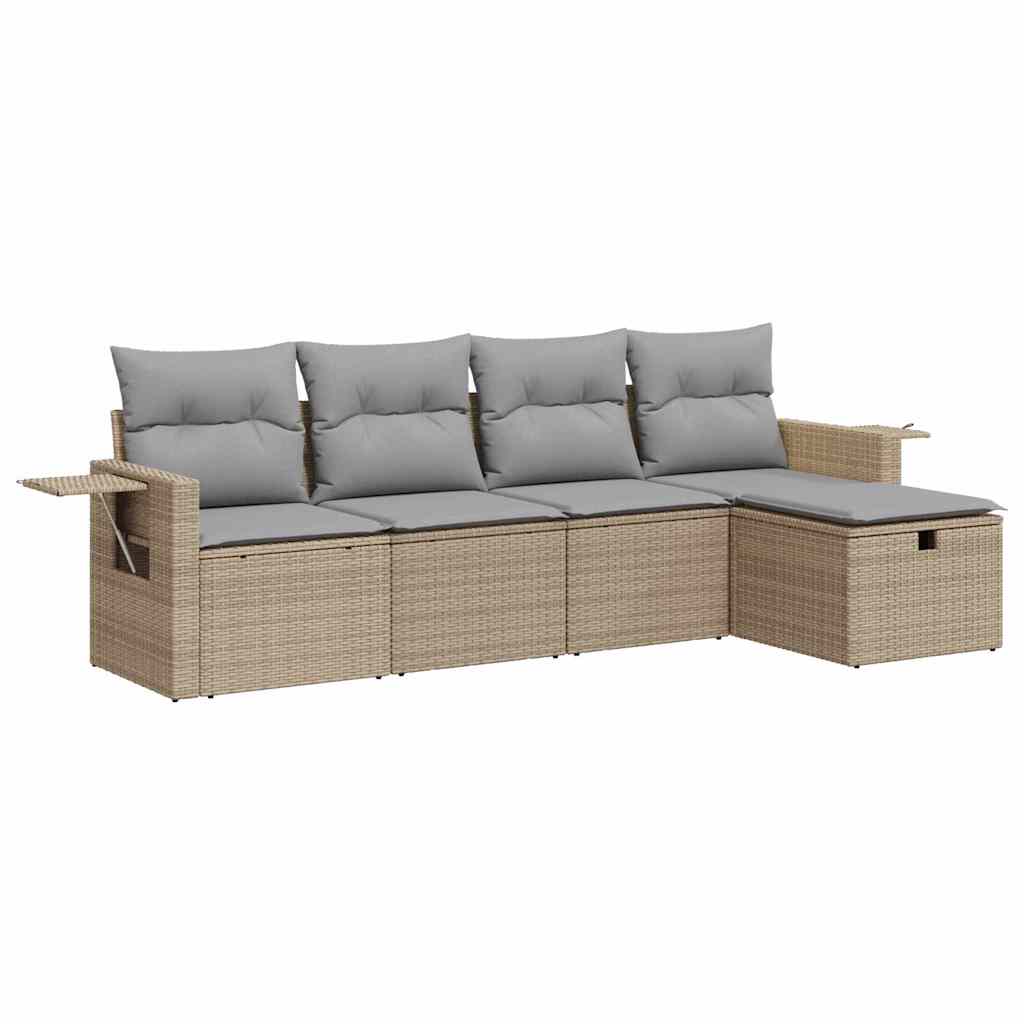 Set Divano da Giardino 5 pz con Cuscini Beige in Polyrattan