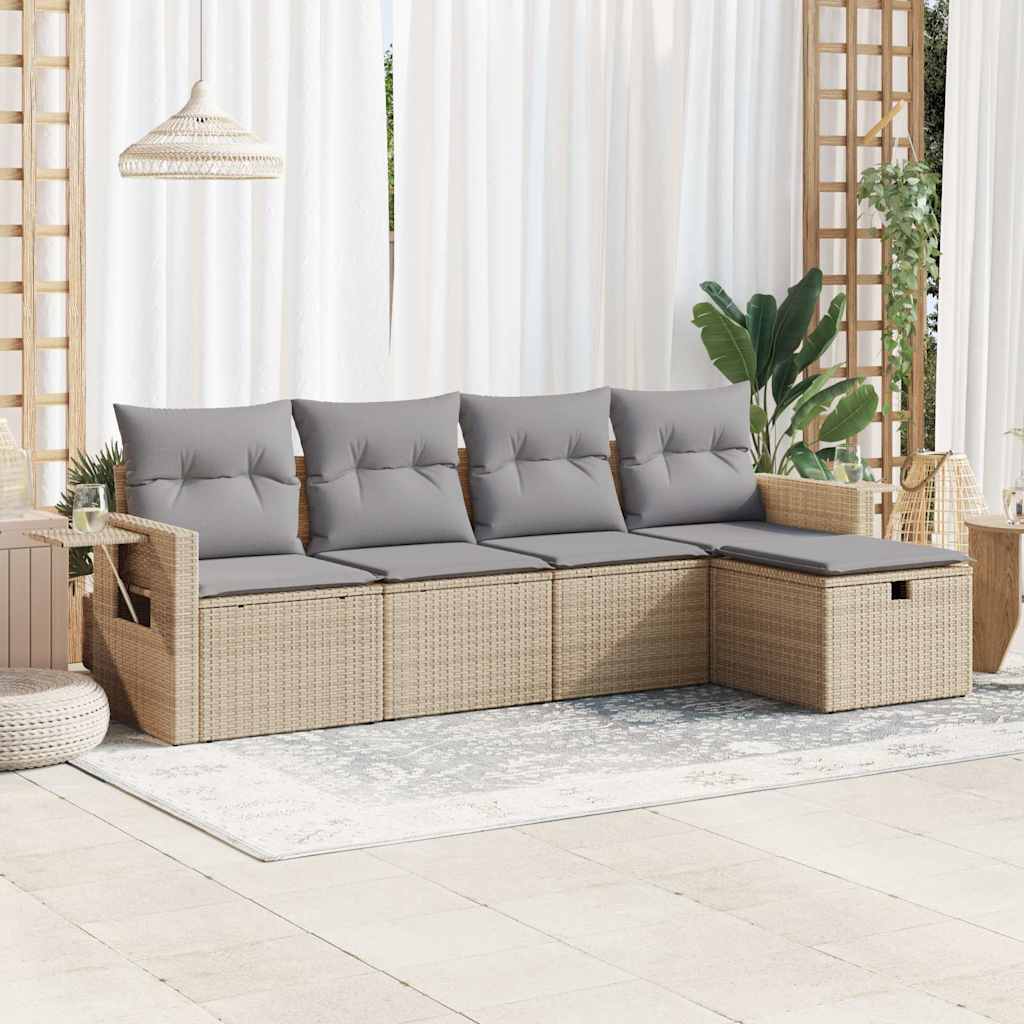 Set Divano da Giardino 5 pz con Cuscini Beige in Polyrattan