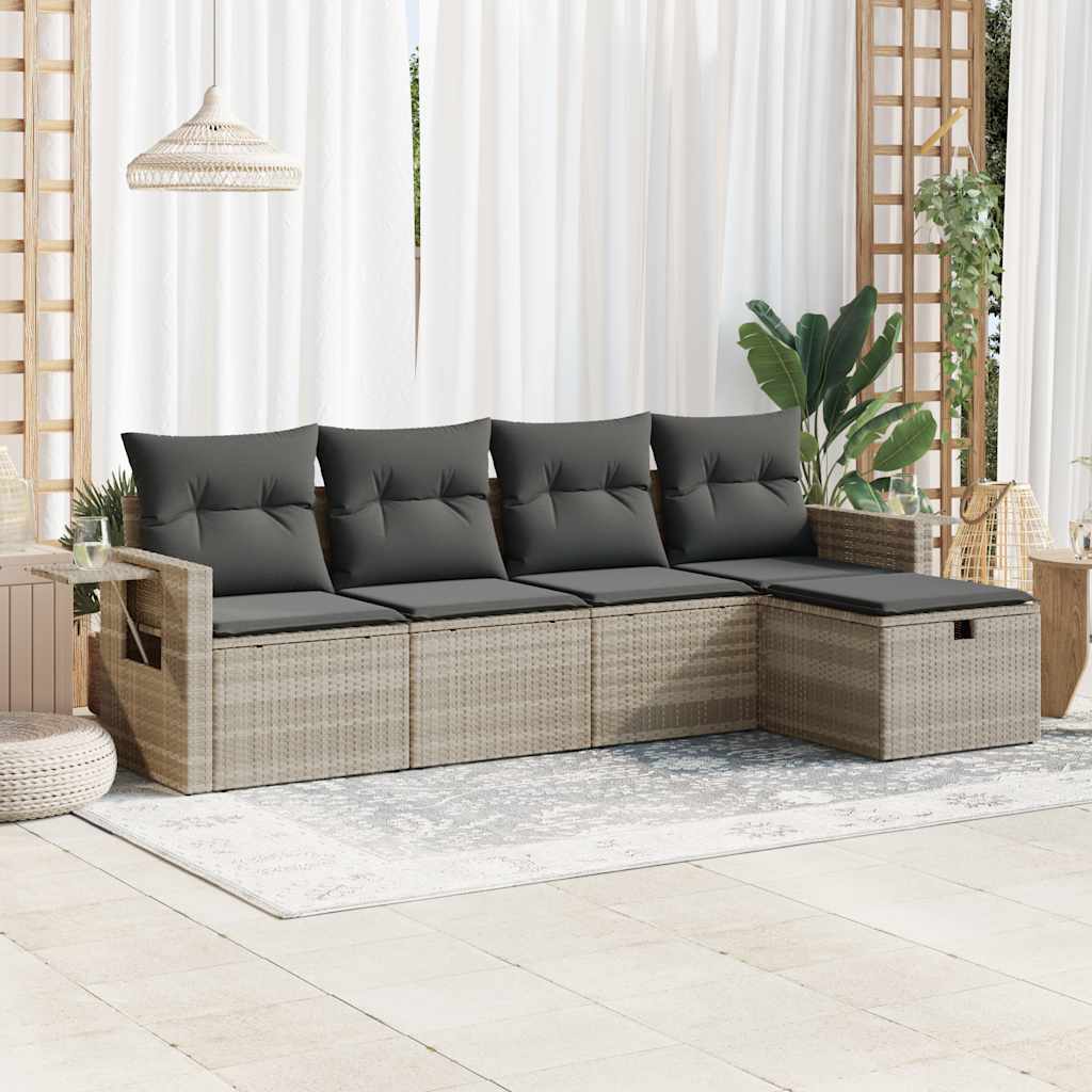 Set Divano da Giardino 5pz con Cuscini Grigio Chiaro Polyrattan