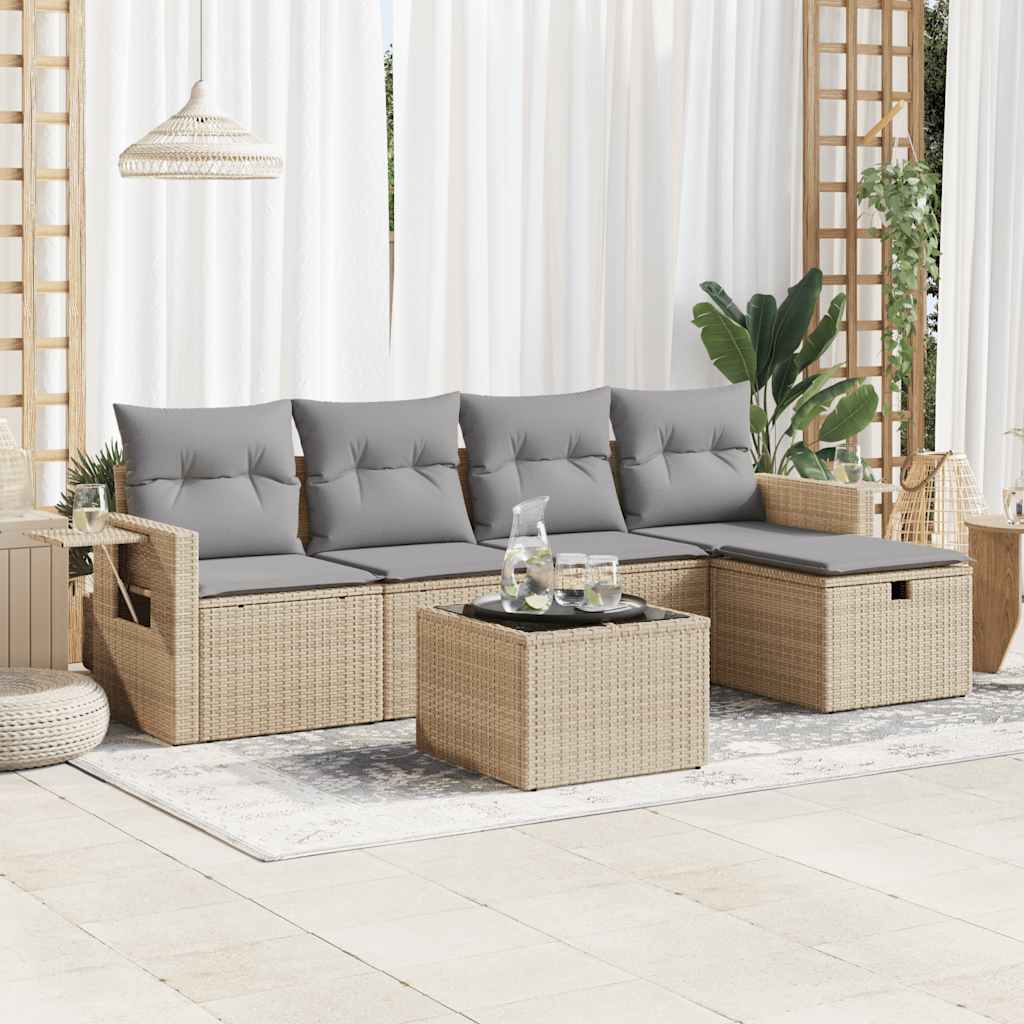 Set Divano da Giardino 6 pz con Cuscini Beige in Polyrattan