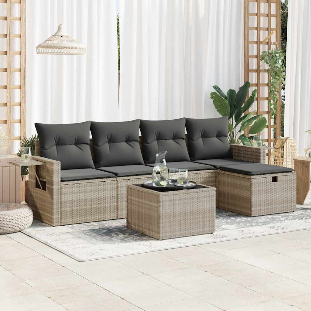 Set Divano da Giardino 6pz con Cuscini Grigio Chiaro Polyrattan