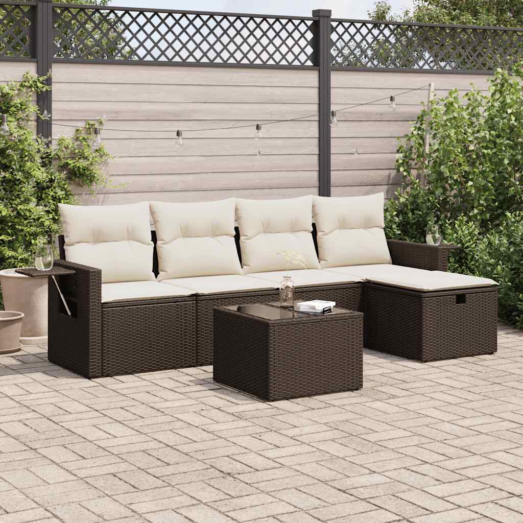 Set Divano da Giardino 6 pz con Cuscini Marrone in Polyrattan