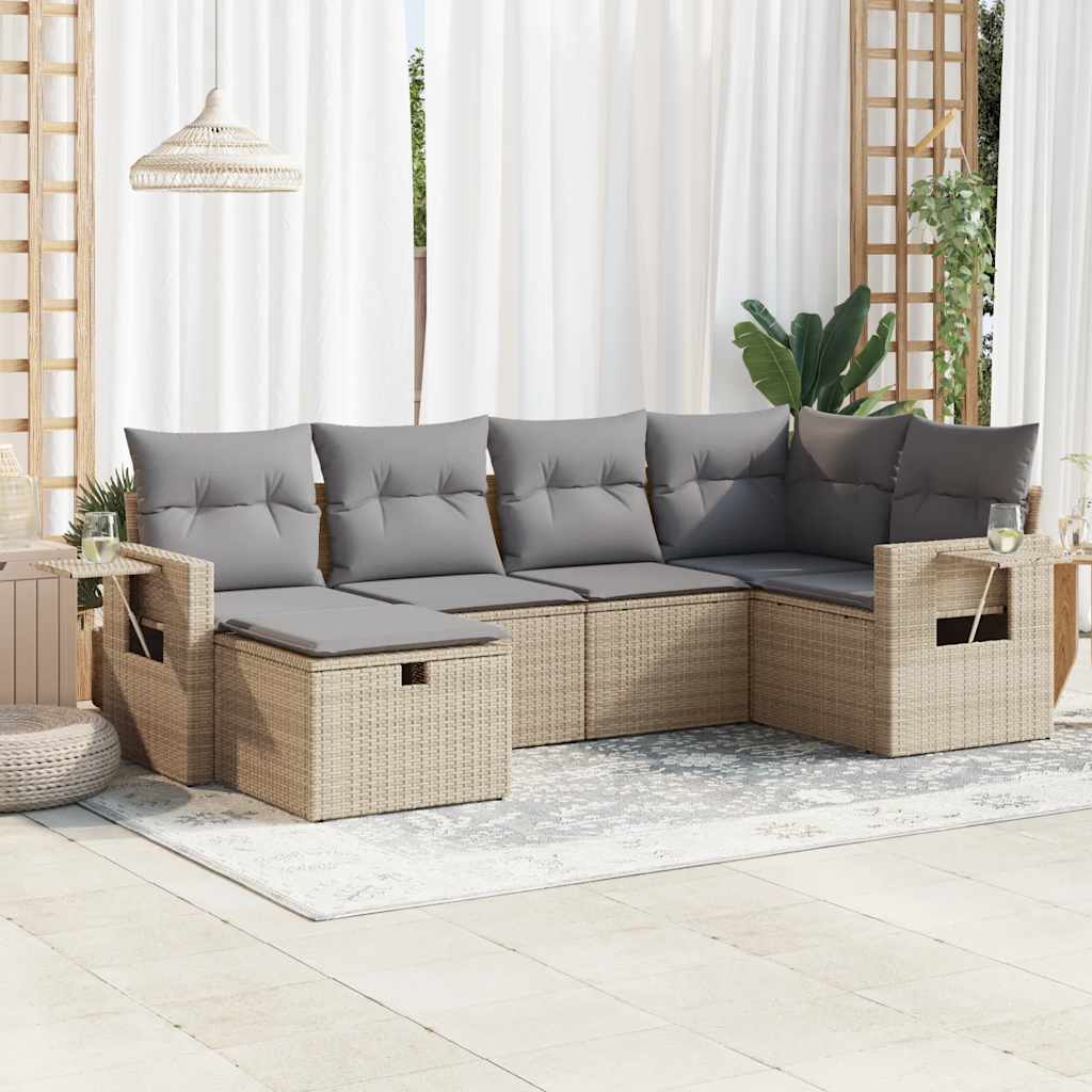 Set Divano da Giardino 6 pz con Cuscini Beige in Polyrattan