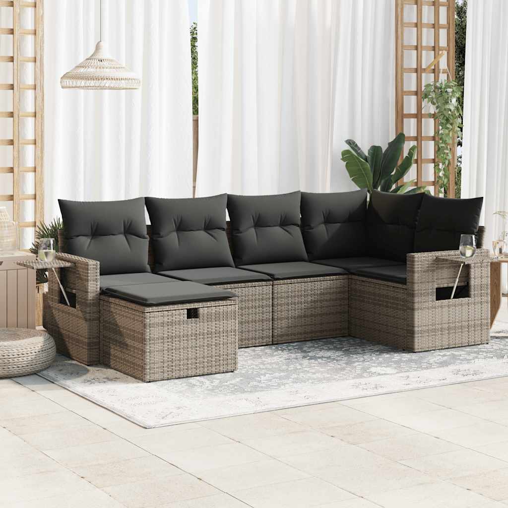 Set Divano da Giardino 6 pz con Cuscini Grigio in Polyrattan