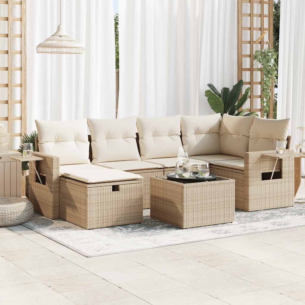 Set Divani da Giardino 7 pz con Cuscini Beige in Polyrattan