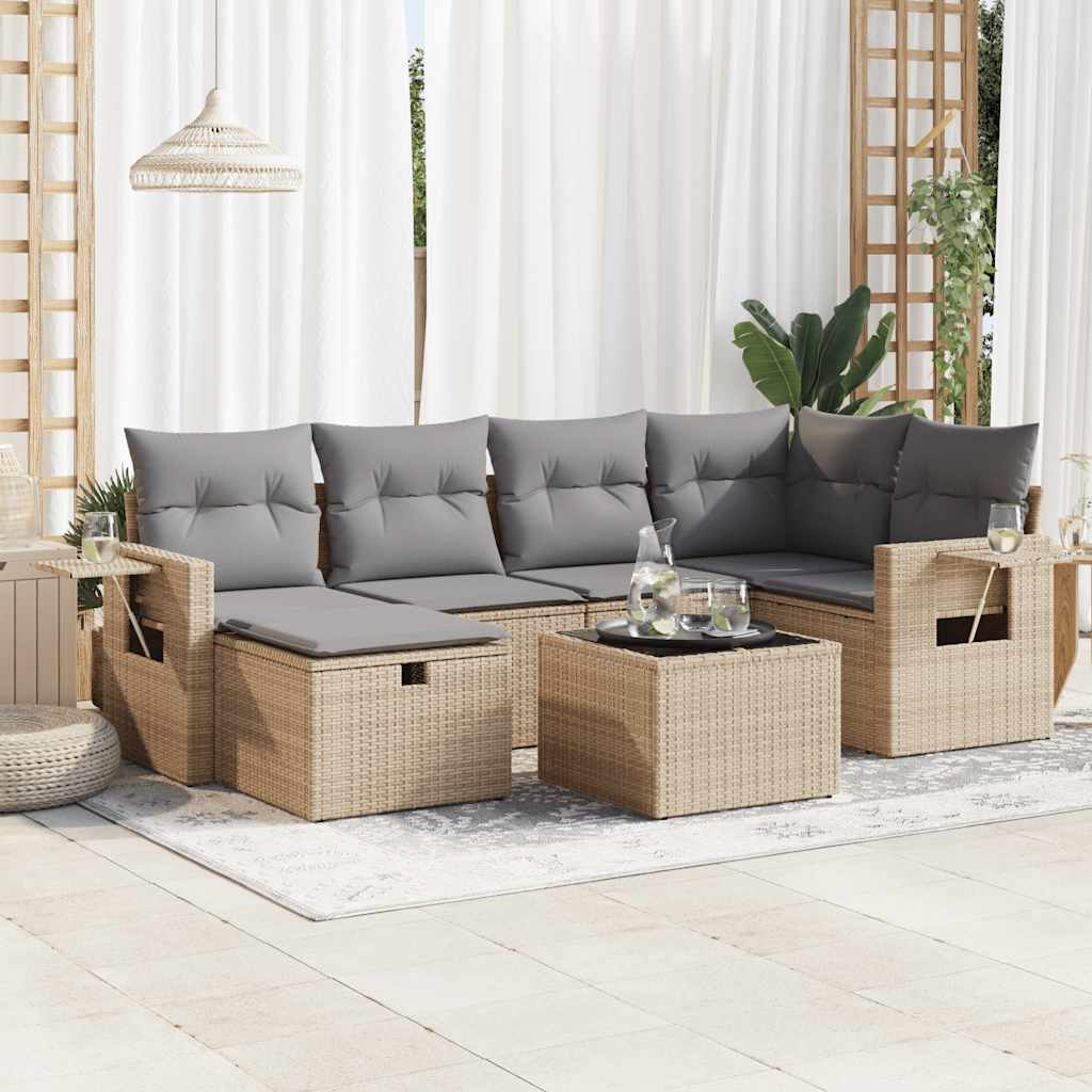 Set Divani da Giardino 7 pz con Cuscini Beige in Polyrattan