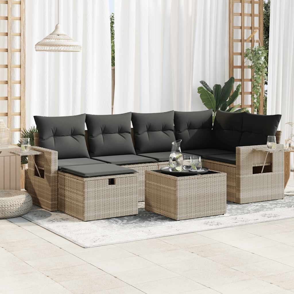 Set Divani da Giardino 7pz con Cuscini Grigio Chiaro Polyrattan