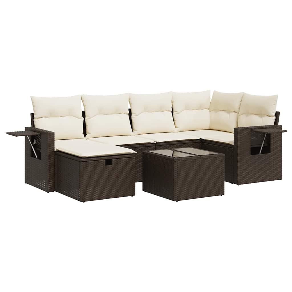 Set Divani da Giardino 7 pz con Cuscini Marrone in Polyrattan