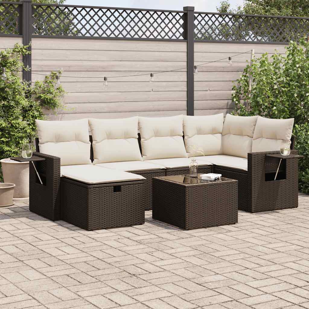 Set Divani da Giardino 7 pz con Cuscini Marrone in Polyrattan