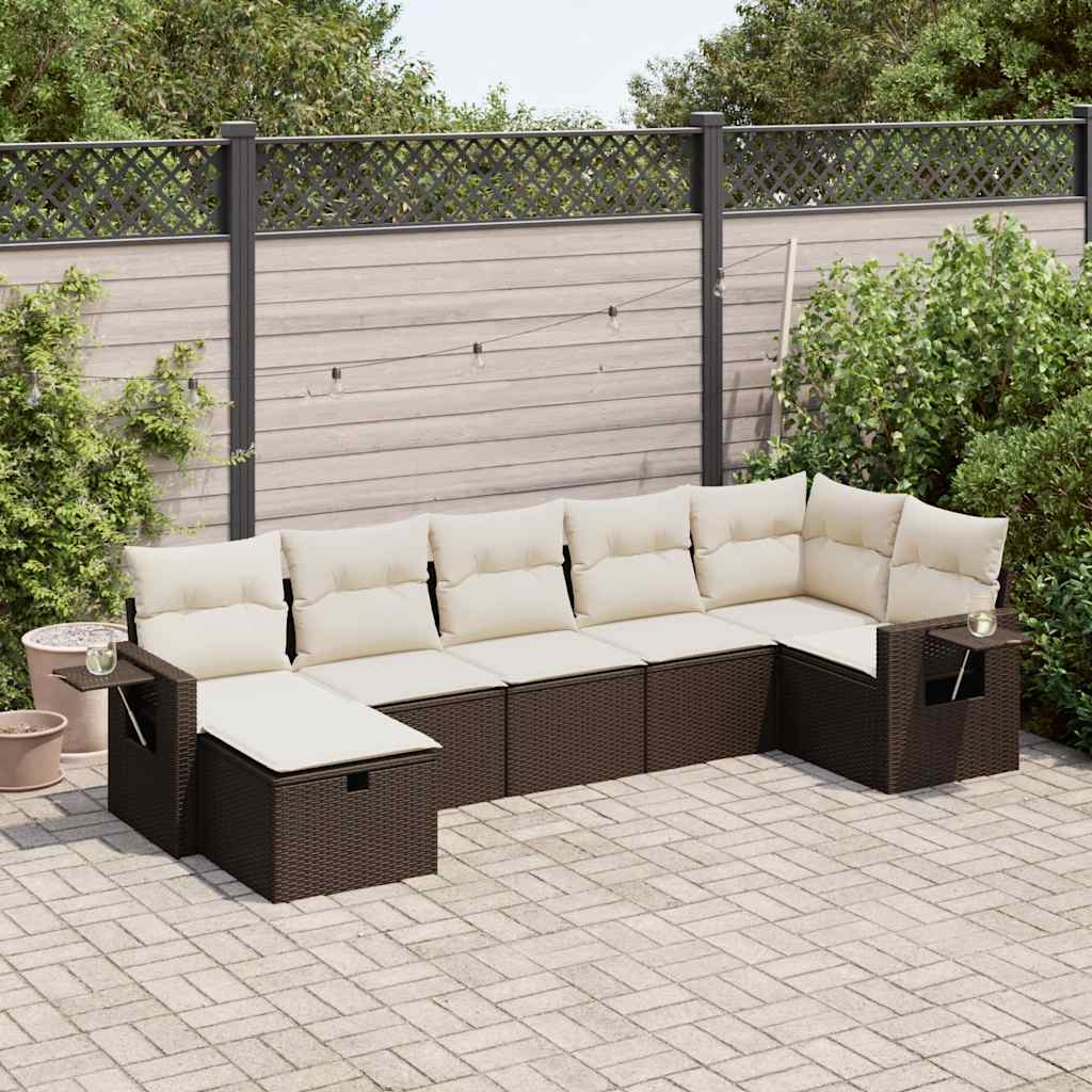 Set Divani da Giardino 7 pz con Cuscini Marrone in Polyrattan