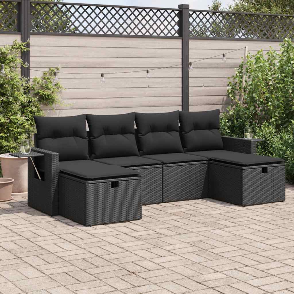 Set Divano da Giardino 6 pz con Cuscini Nero in Polyrattan