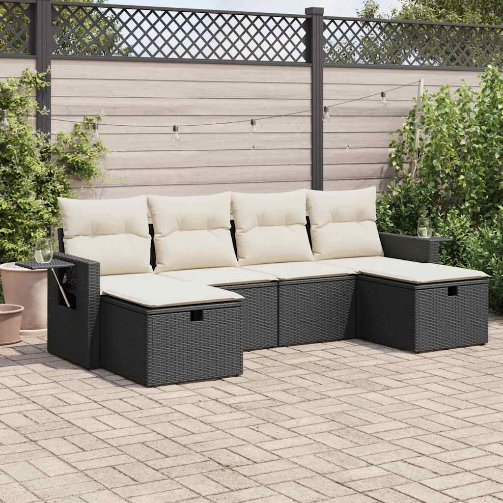 Set Divano da Giardino 6 pz con Cuscini Nero in Polyrattan