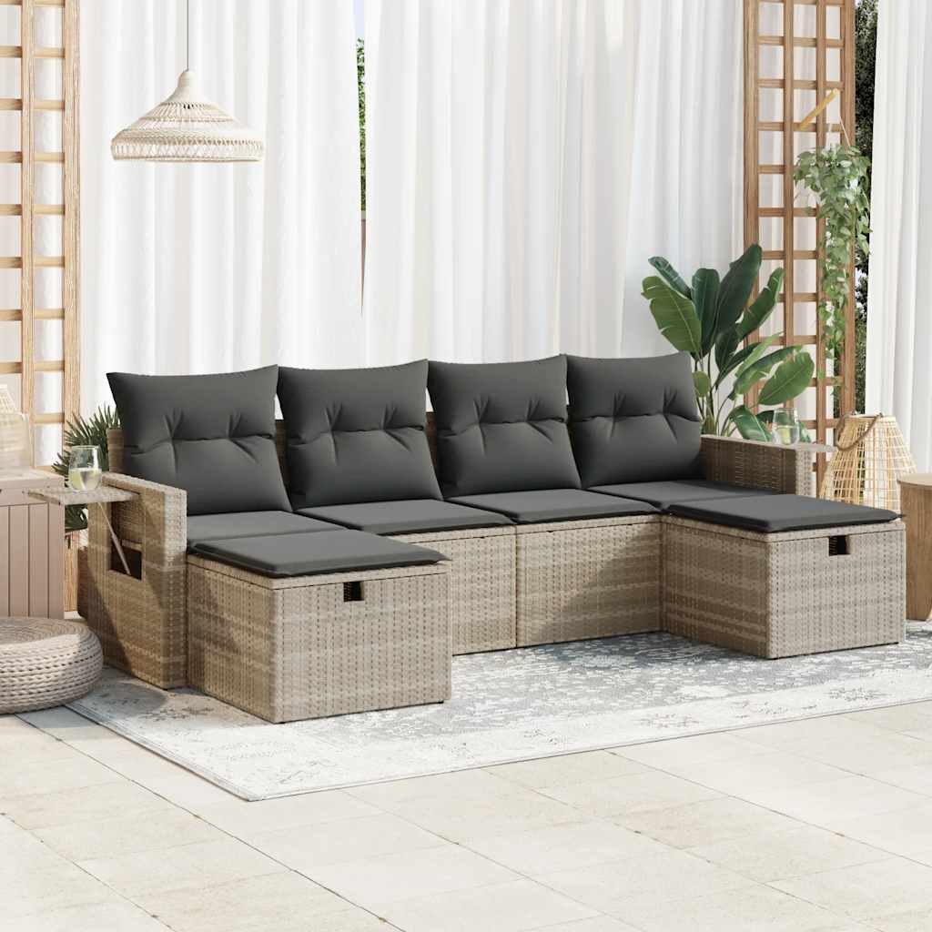 Set Divano da Giardino 6pz con Cuscini Grigio Chiaro Polyrattan