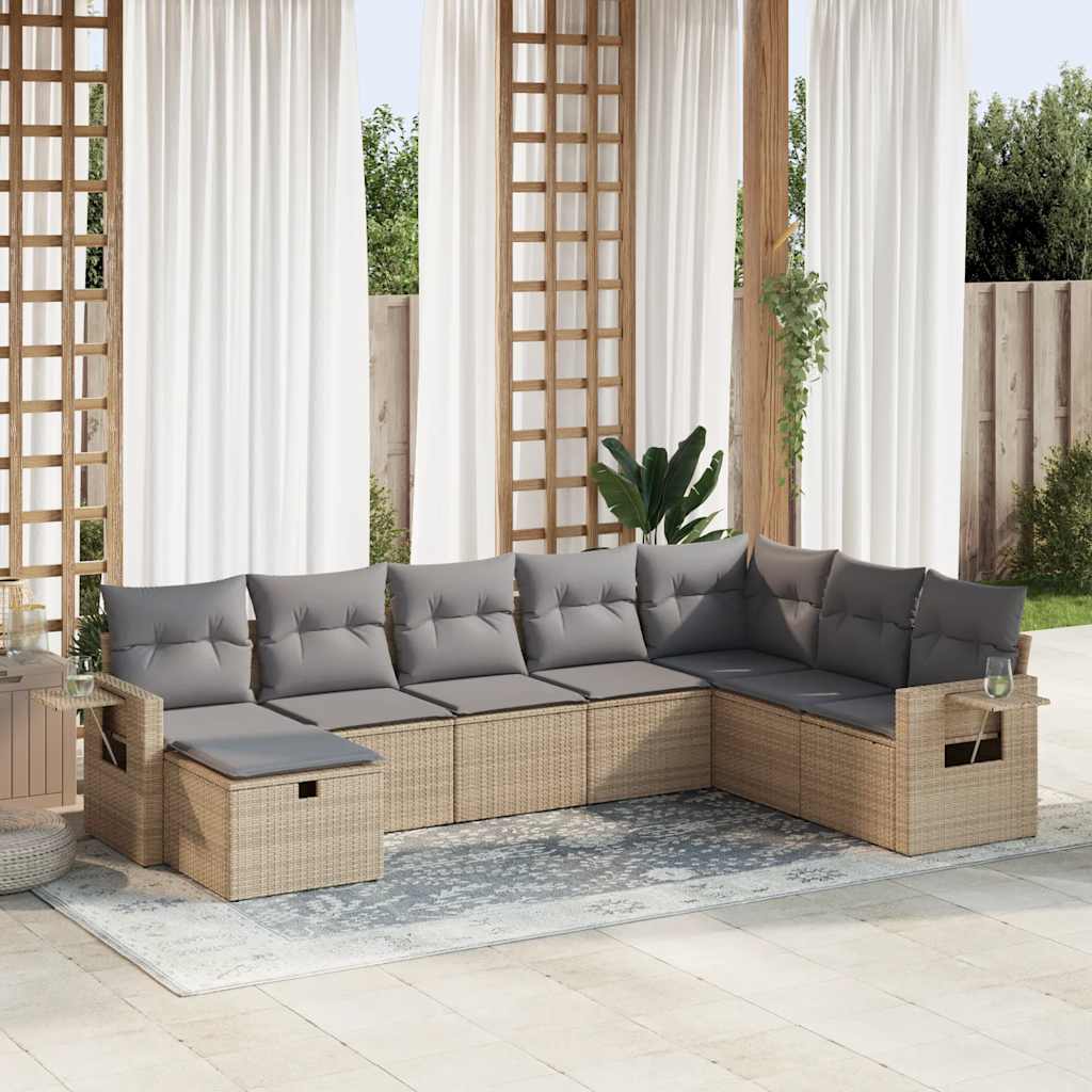 Set Divano da Giardino 8 pz con Cuscini Beige in Polyrattan