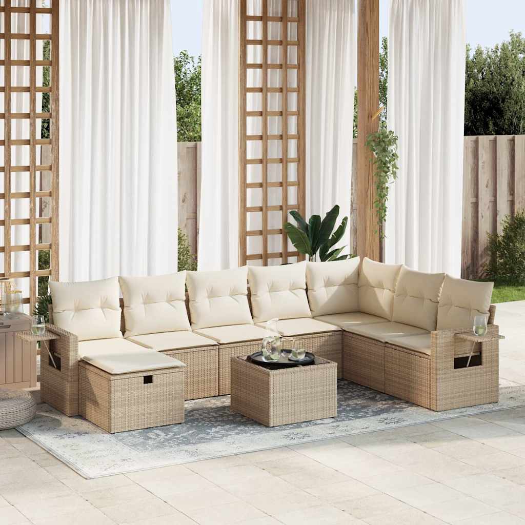 Set Divano da Giardino 9 pz con Cuscini Beige in Polyrattan