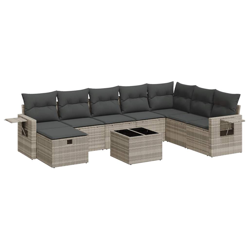 Set Divano da Giardino 9pz con Cuscini Grigio Chiaro Polyrattan