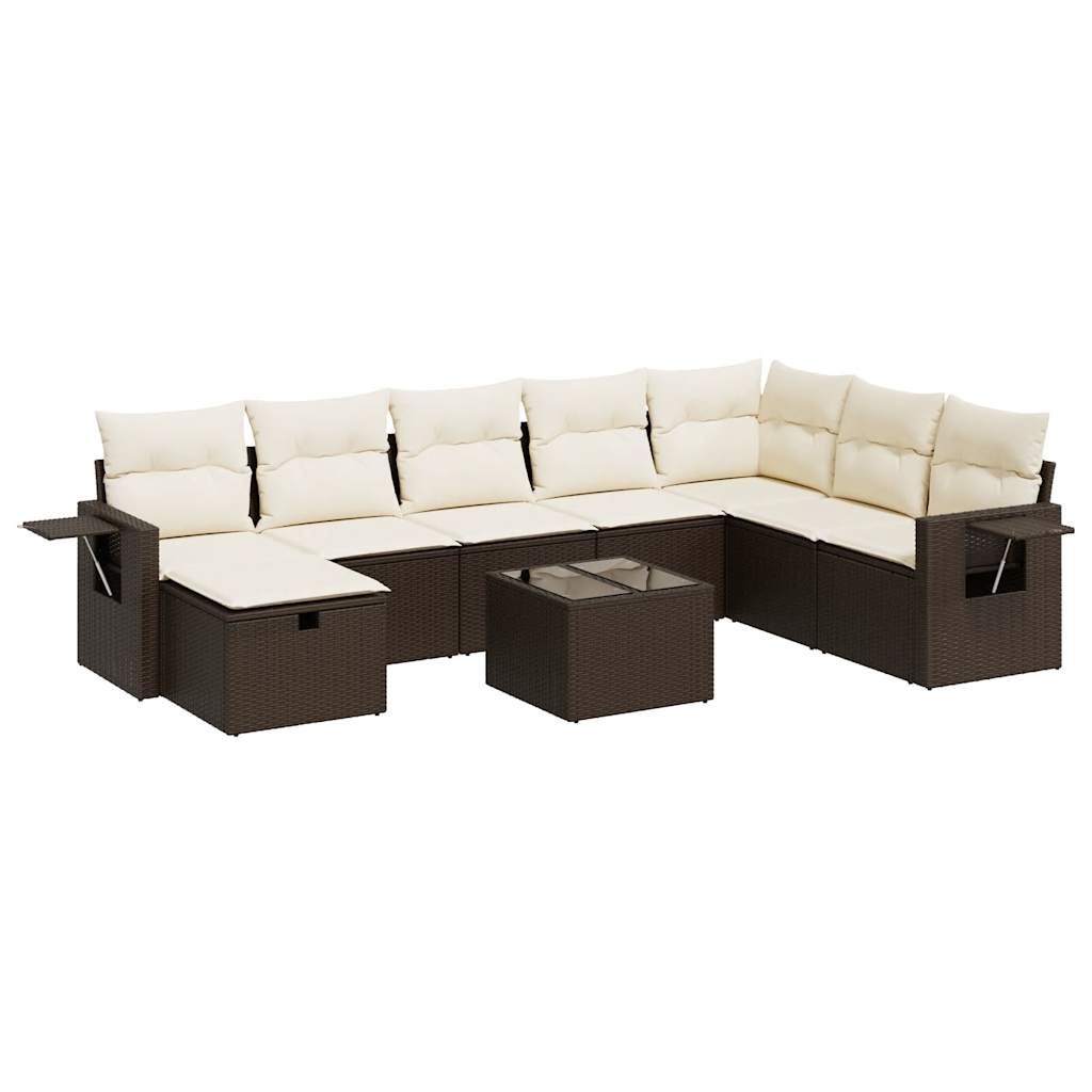 Set Divani da Giardino 9pz con Cuscini Marrone in Polyrattan