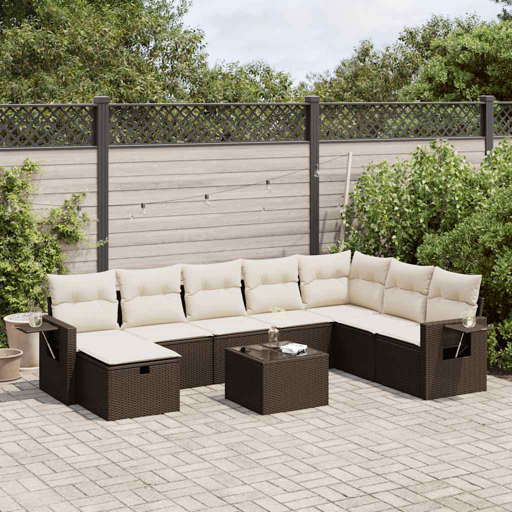 Set Divani da Giardino 9pz con Cuscini Marrone in Polyrattan