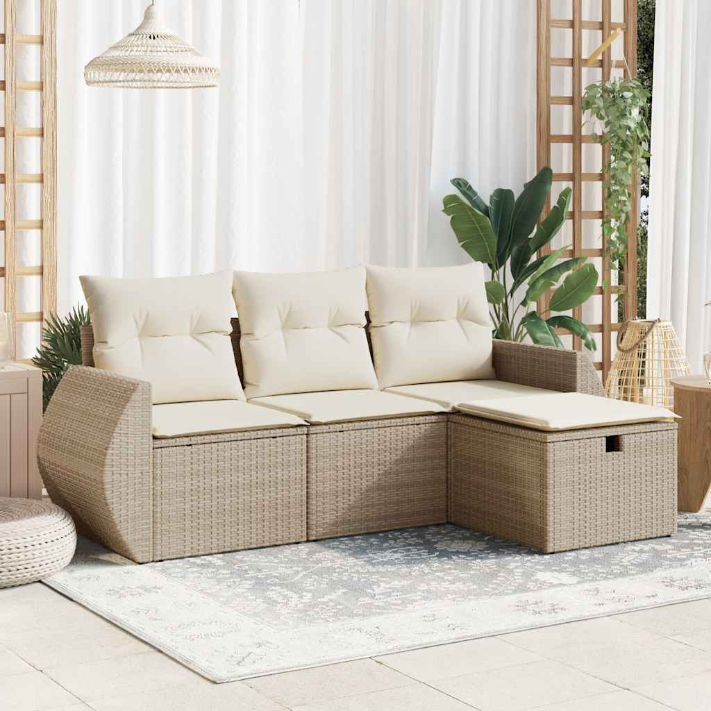 Set Divano da Giardino 4 pz con Cuscini Beige in Polyrattan