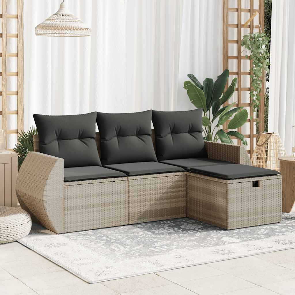 Set Divano da Giardino 4pz con Cuscini Grigio Chiaro Polyrattan