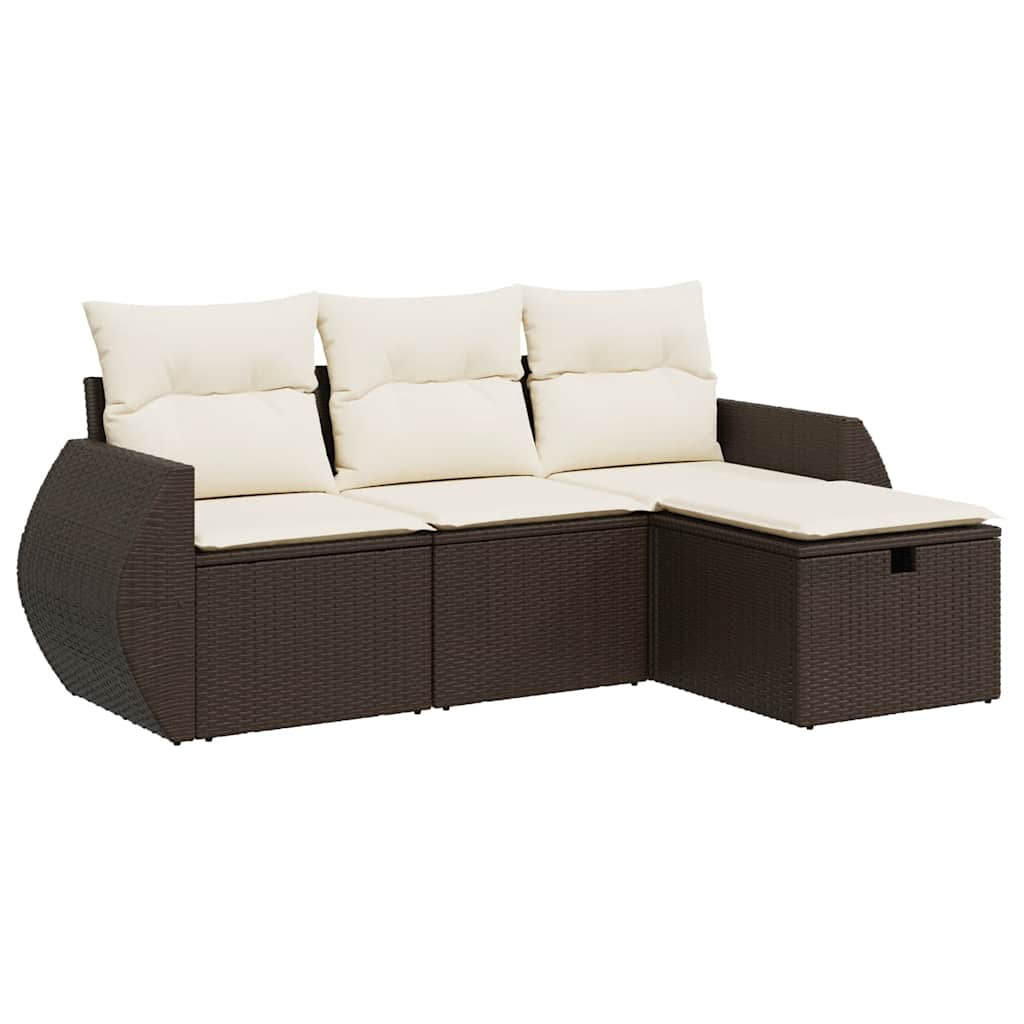 Set Divano da Giardino 4 pz con Cuscini Marrone in Polyrattan