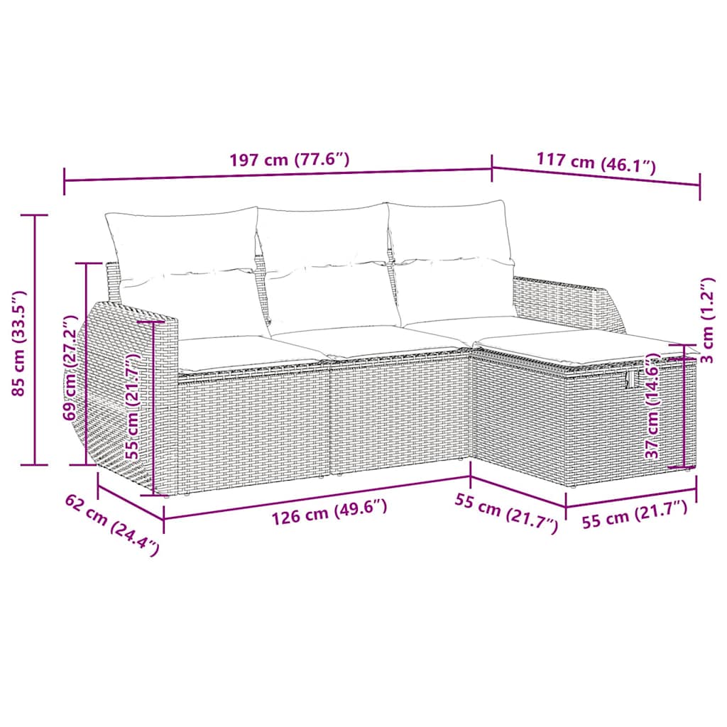 Set Divano da Giardino 4 pz con Cuscini Marrone in Polyrattan