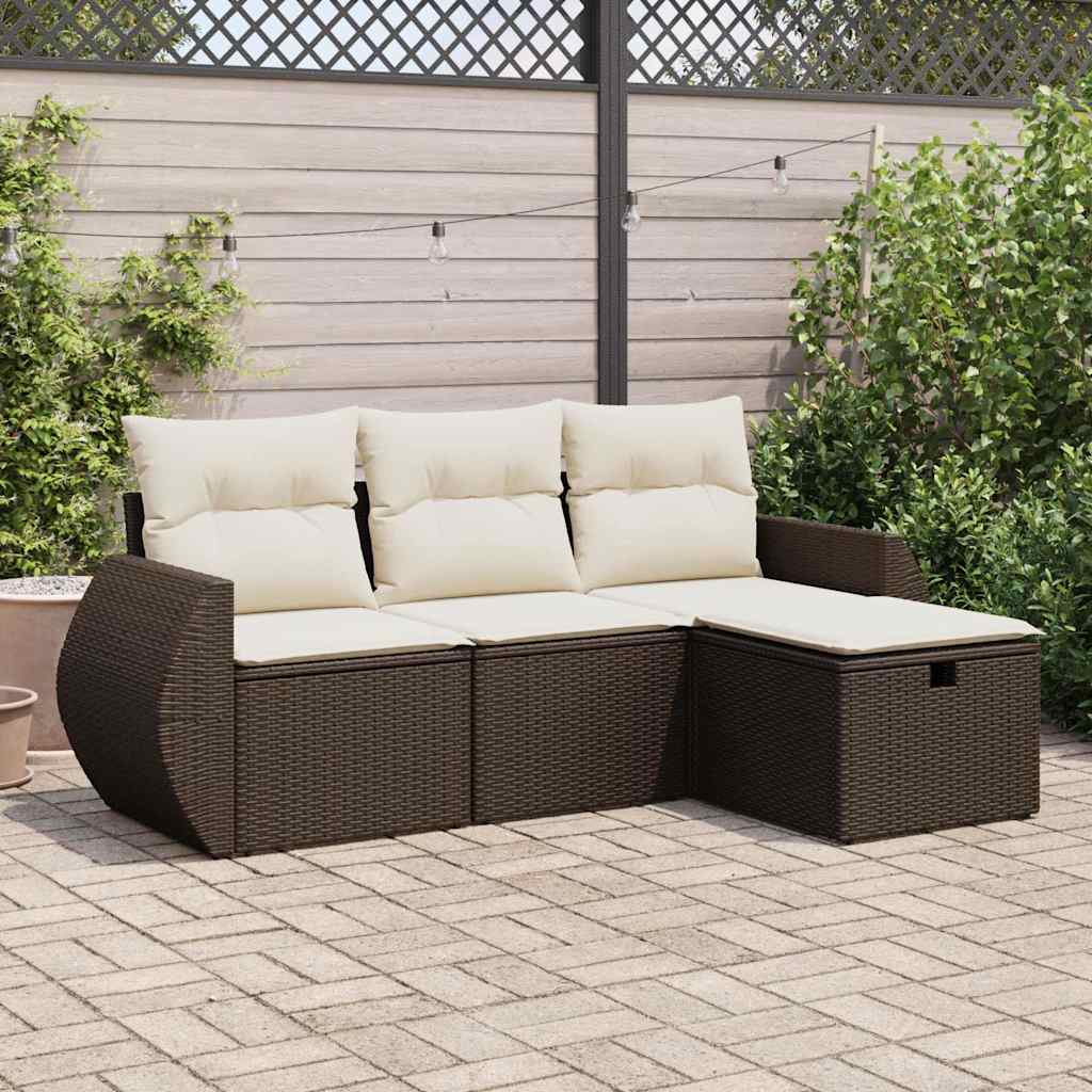 Set Divano da Giardino 4 pz con Cuscini Marrone in Polyrattan