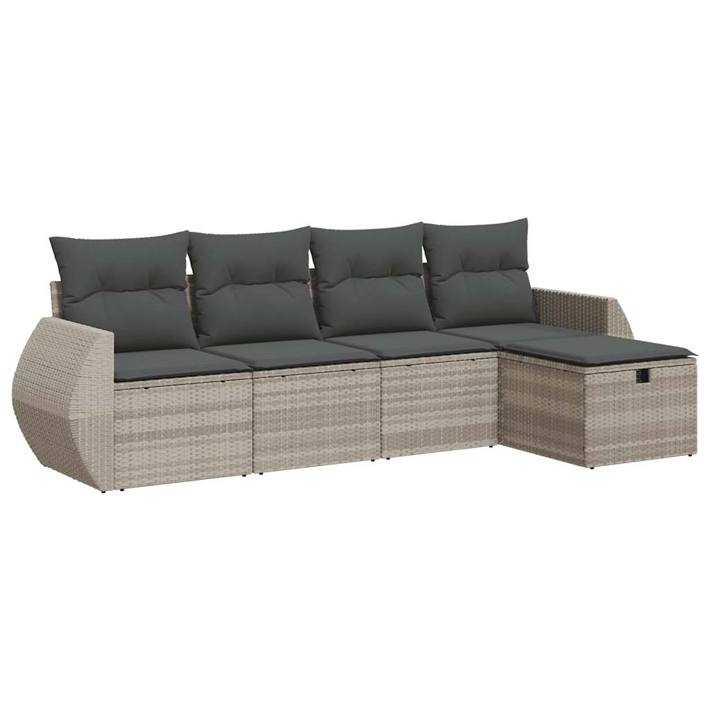 Set Divano da Giardino 5pz con Cuscini Grigio Chiaro Polyrattan