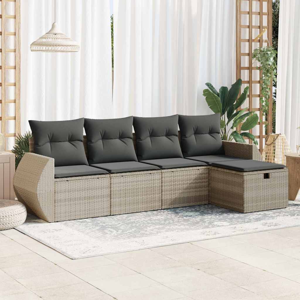 Set Divano da Giardino 5pz con Cuscini Grigio Chiaro Polyrattan