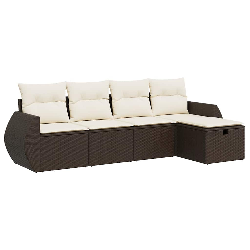 Set Divano da Giardino 5 pz con Cuscini Marrone in Polyrattan