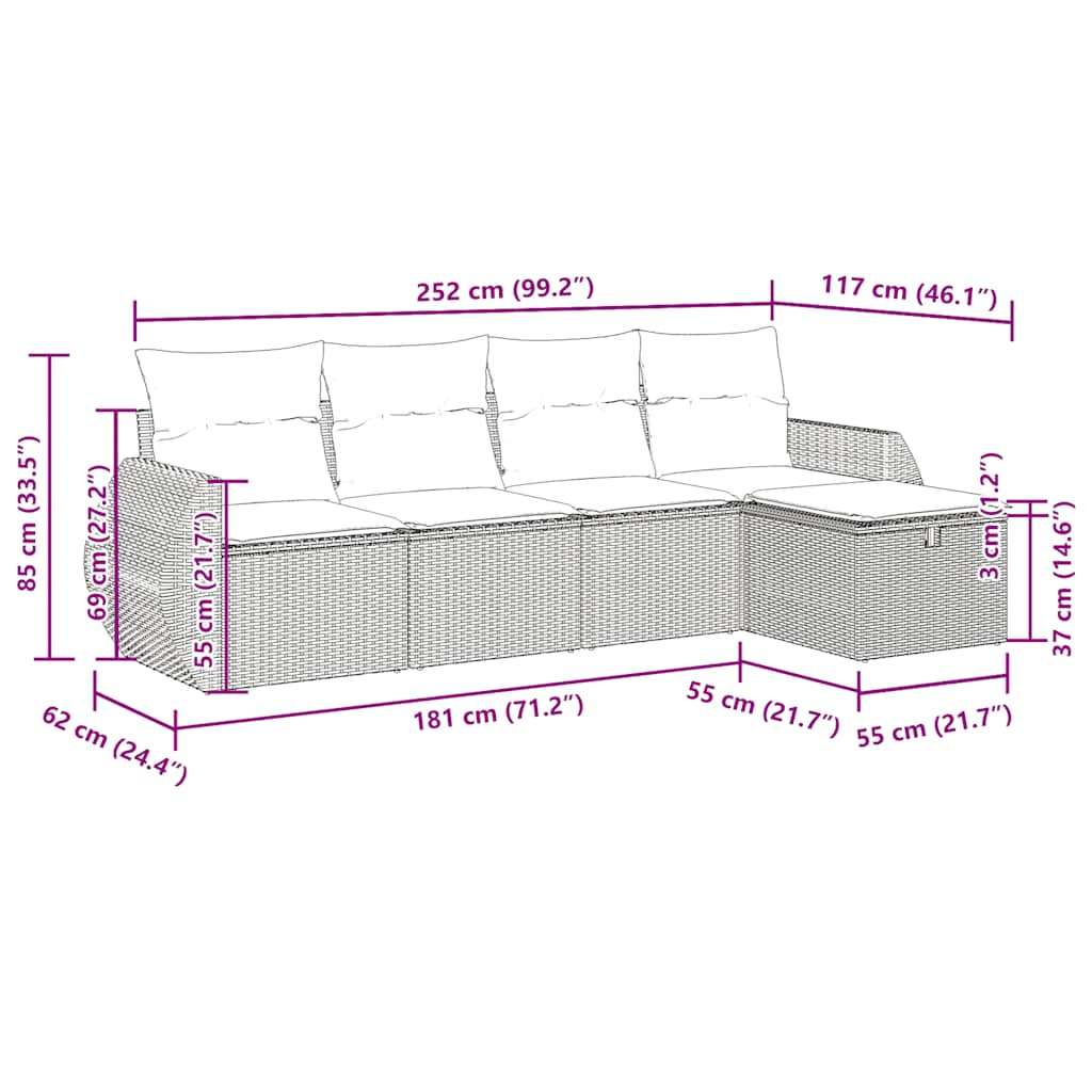 Set Divano da Giardino 5 pz con Cuscini Marrone in Polyrattan