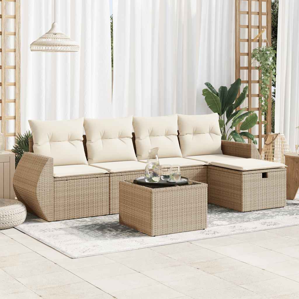 Set Divano da Giardino 6 pz con Cuscini Beige in Polyrattan