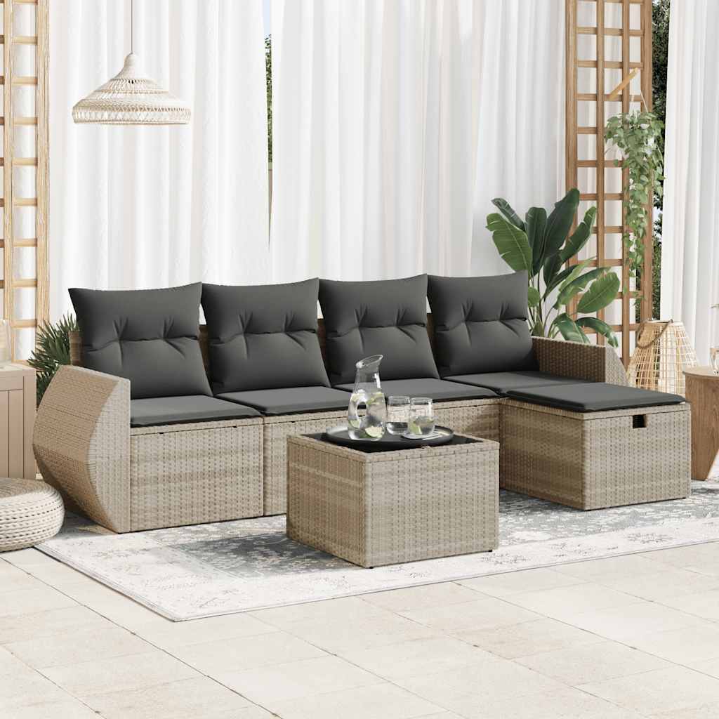 Set Divano da Giardino 6pz con Cuscini Grigio Chiaro Polyrattan