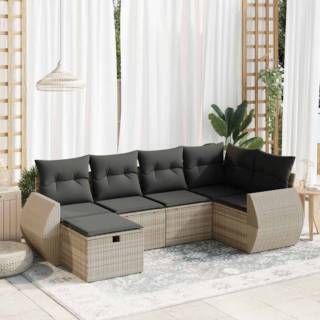 Set Divano da Giardino 6pz con Cuscini Grigio Chiaro Polyrattan