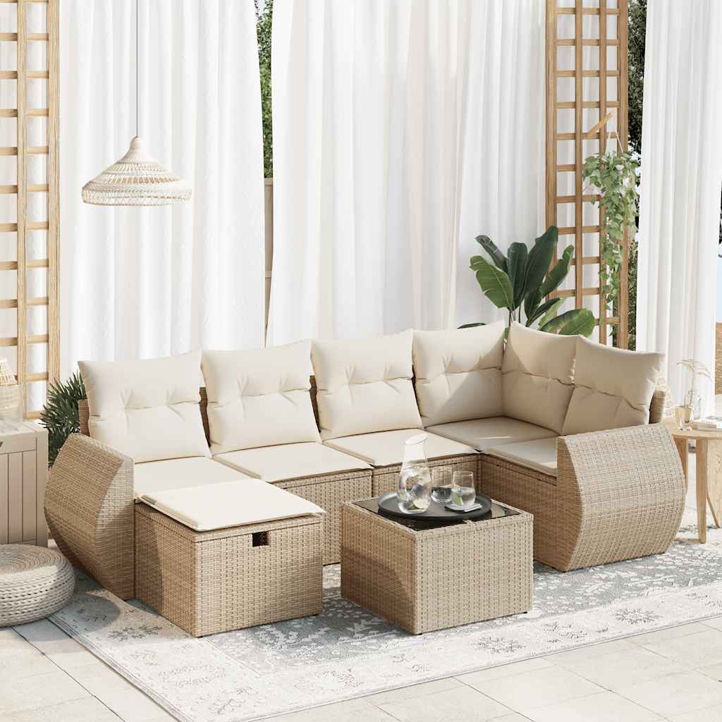 Set Divani da Giardino 7 pz con Cuscini Beige in Polyrattan