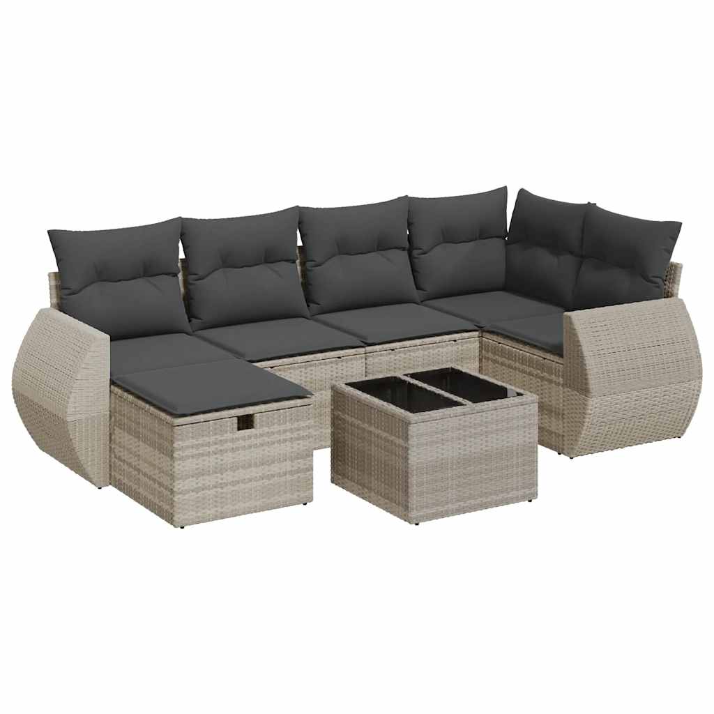 Set Divani da Giardino 7pz con Cuscini Grigio Chiaro Polyrattan